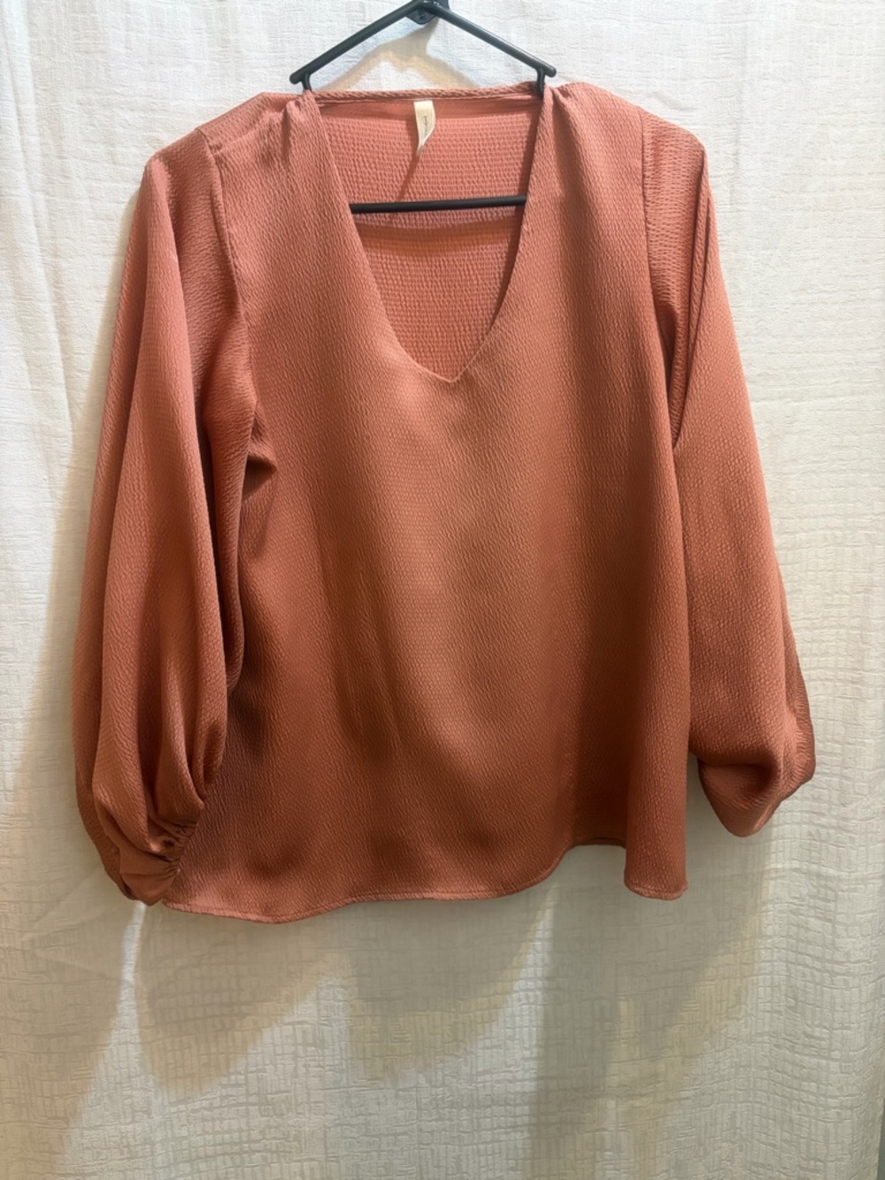 Tyche Textured V-Neck Balloon Sleeve Blouse in Rusty Coral